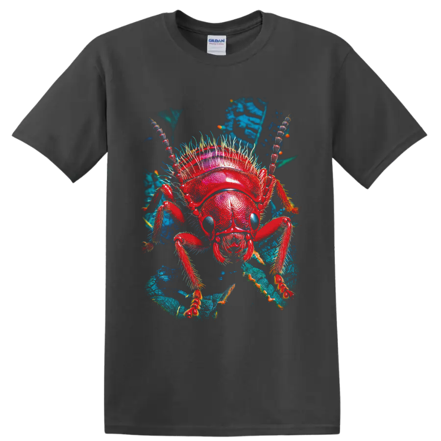 Vivid red ant macro illustration with blue eyes and teal leafy background on a Charcoal T Shirt