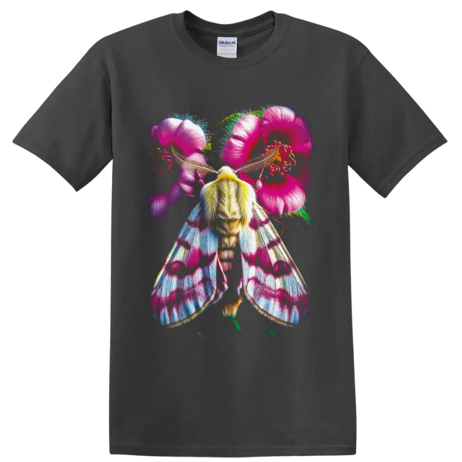 Colorful moth with pink hibiscus flowers in vivid tropical botanical art on a Charcoal T Shirt