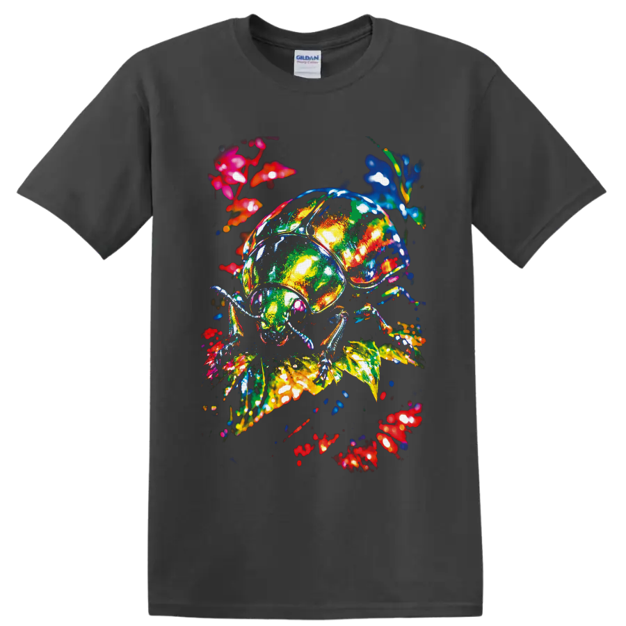Colorful neon-style beetle amid glowing leaves, stems, and floral botanical accents on a Charcoal T Shirt