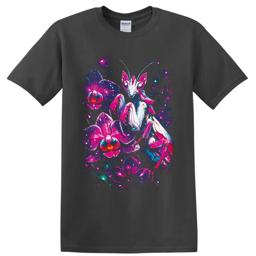 Cyberpunk robotic praying mantis surrounded by glowing neon orchid flowers on a Charcoal T Shirt
