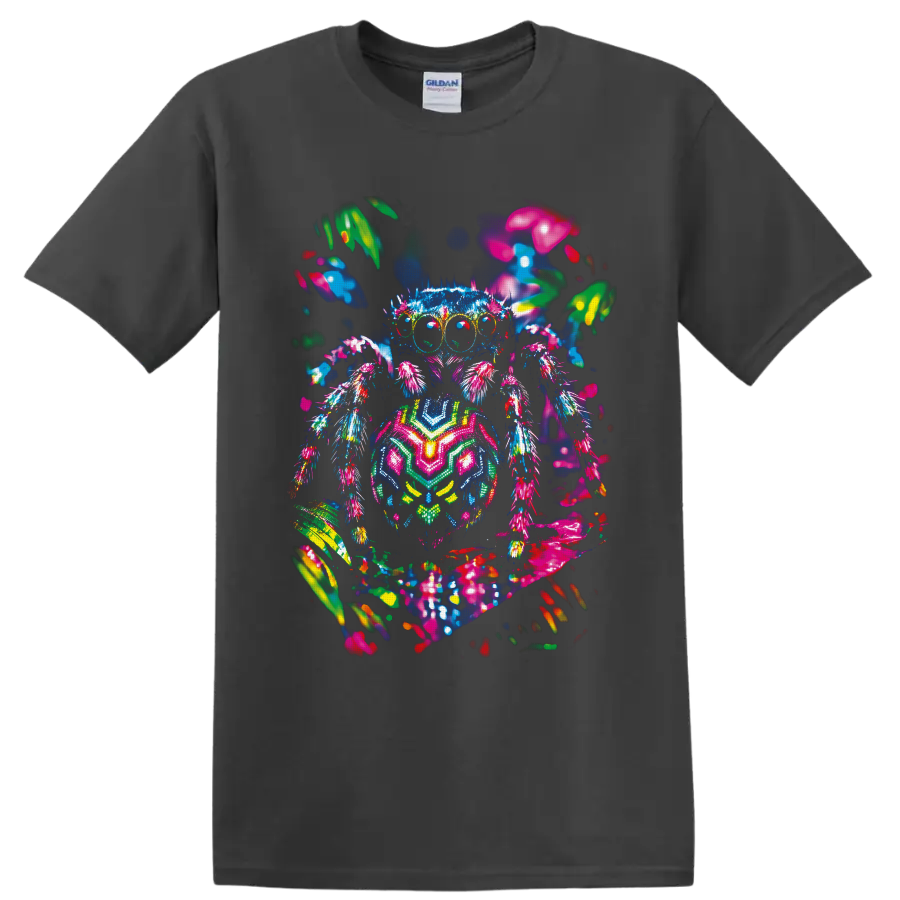 Neon psychedelic spider with glowing eyes, multicolored legs, and abstract garden shapes on a Charcoal T Shirt