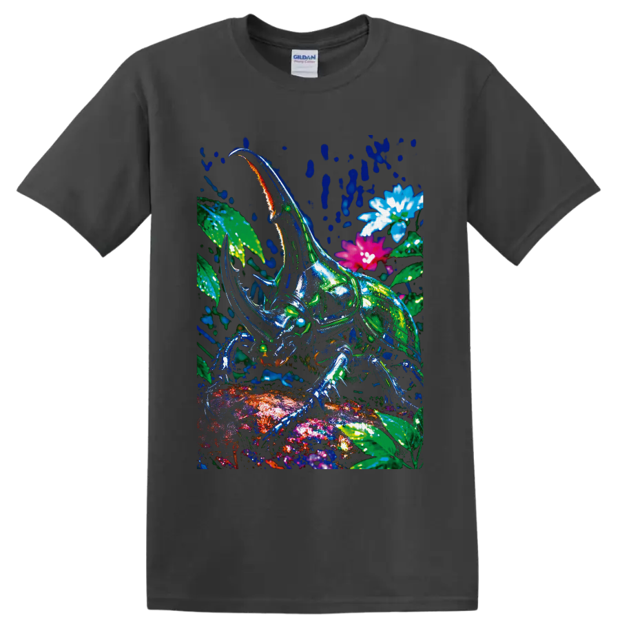 Neon rhinoceros beetle in a tropical botanical scene with colorful flowers on a Charcoal T Shirt