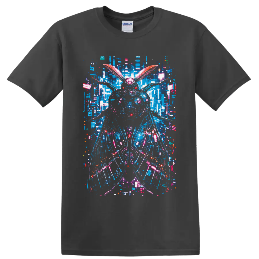 Cyberpunk mechanical moth with neon wings and a futuristic cityscape on a Charcoal T Shirt