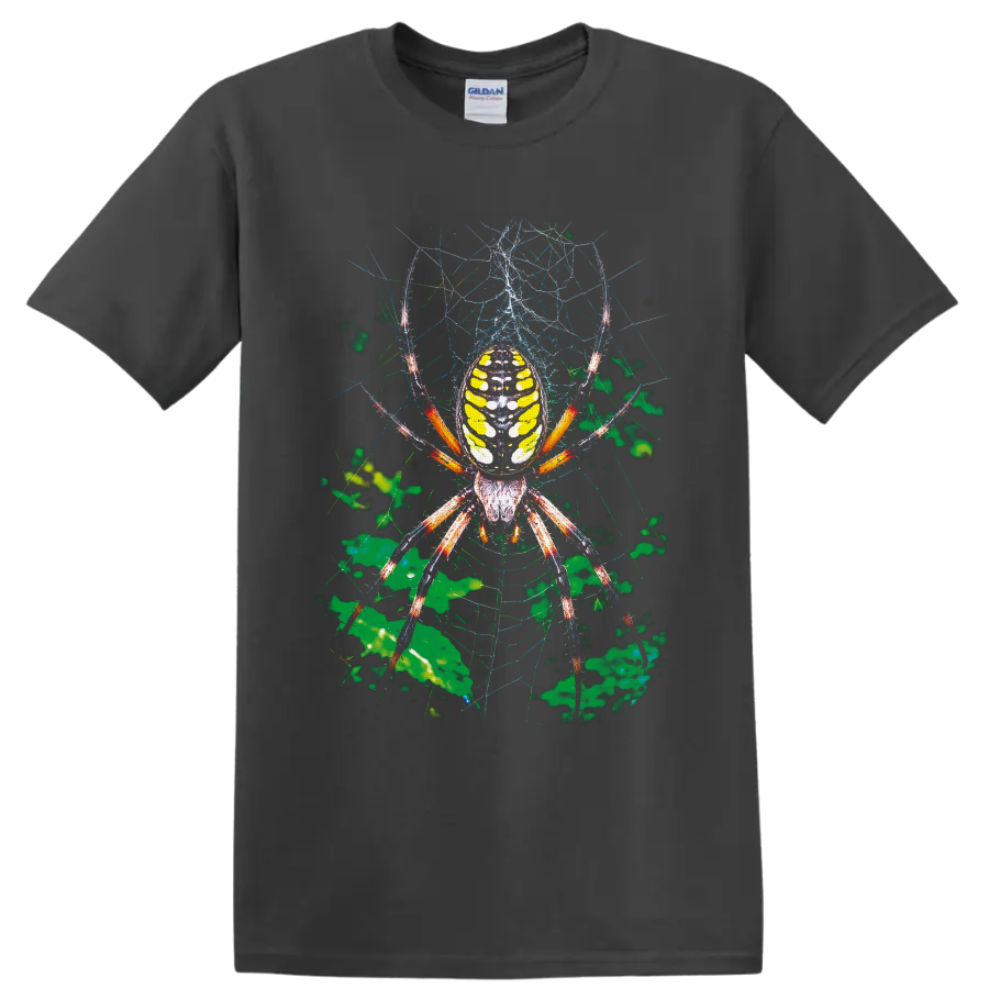 Colorful orb weaver spider with yellow abdomen on a detailed web and green foliage on a Charcoal T Shirt