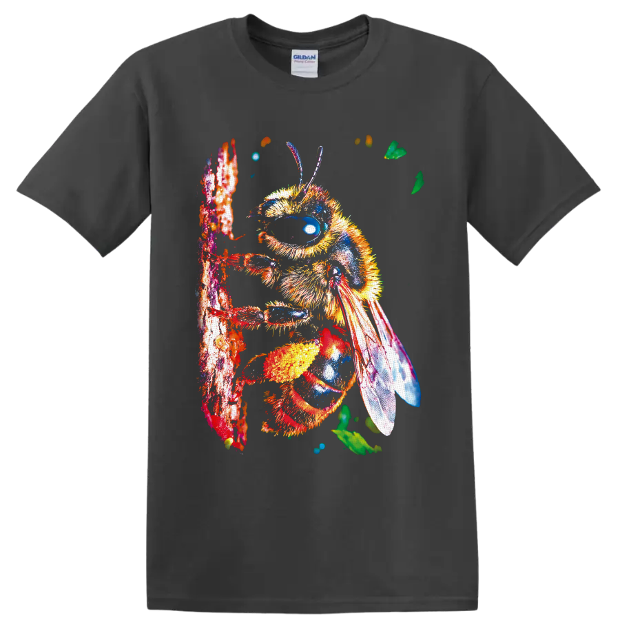 Colorful detailed bumblebee illustration on a textured branch with leaves and translucent on a Charcoal T Shirt