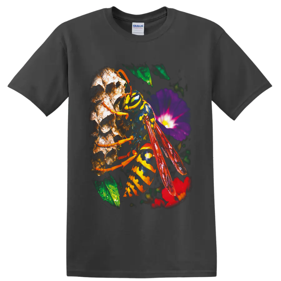 Yellowjacket wasp macro wildlife art with red wings and purple garden flower on a Charcoal T Shirt