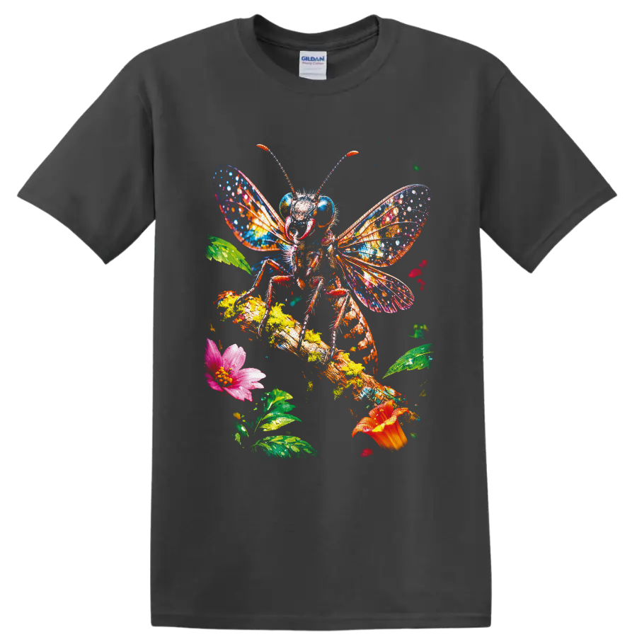 Colorful painted bee with vivid wings, flowers, leaves, and textured garden branch on a Charcoal T Shirt