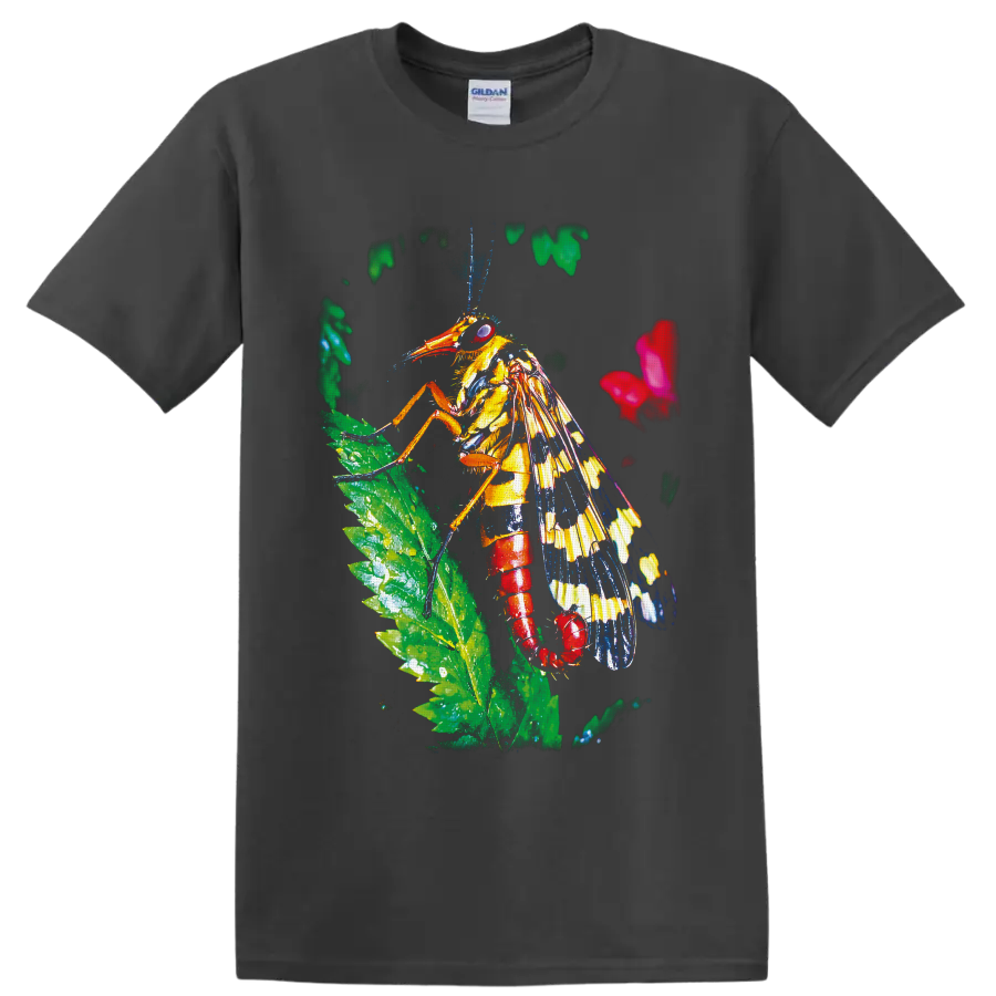 Colorful grasshopper on a green leaf in vivid tropical wildlife art on a Charcoal T Shirt