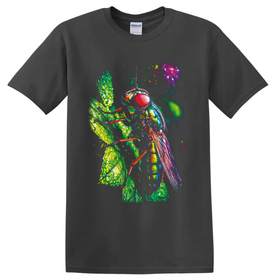 Colorful macro fly with red compound eye and iridescent wings on dew-covered leaves on a Charcoal T Shirt