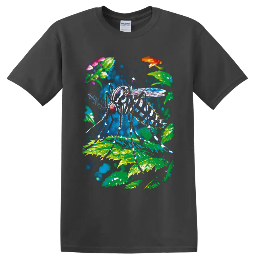 Colorful mosquito illustration with tropical leaves, flowers, and translucent wings on a Charcoal T Shirt