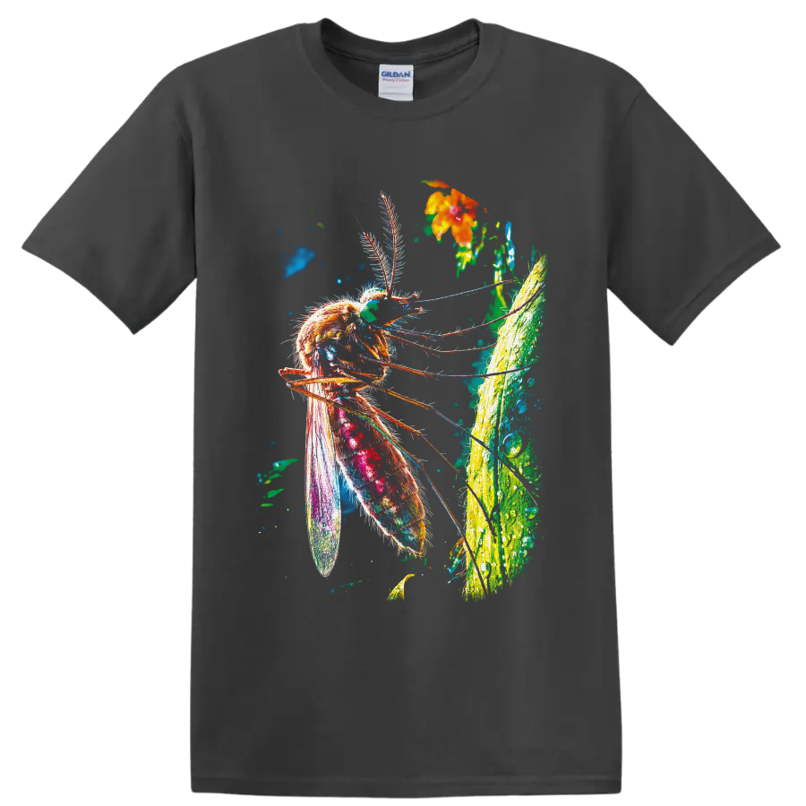 Neon-style mosquito illustration with tropical leaf, orange flower, and colorful wings on a Charcoal T Shirt