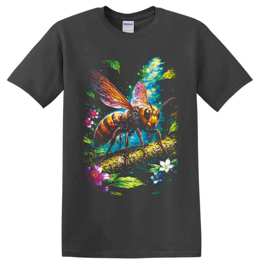 Colorful honey bee with luminous wings, flowers, leaves, and fantasy garden art on a Charcoal T Shirt