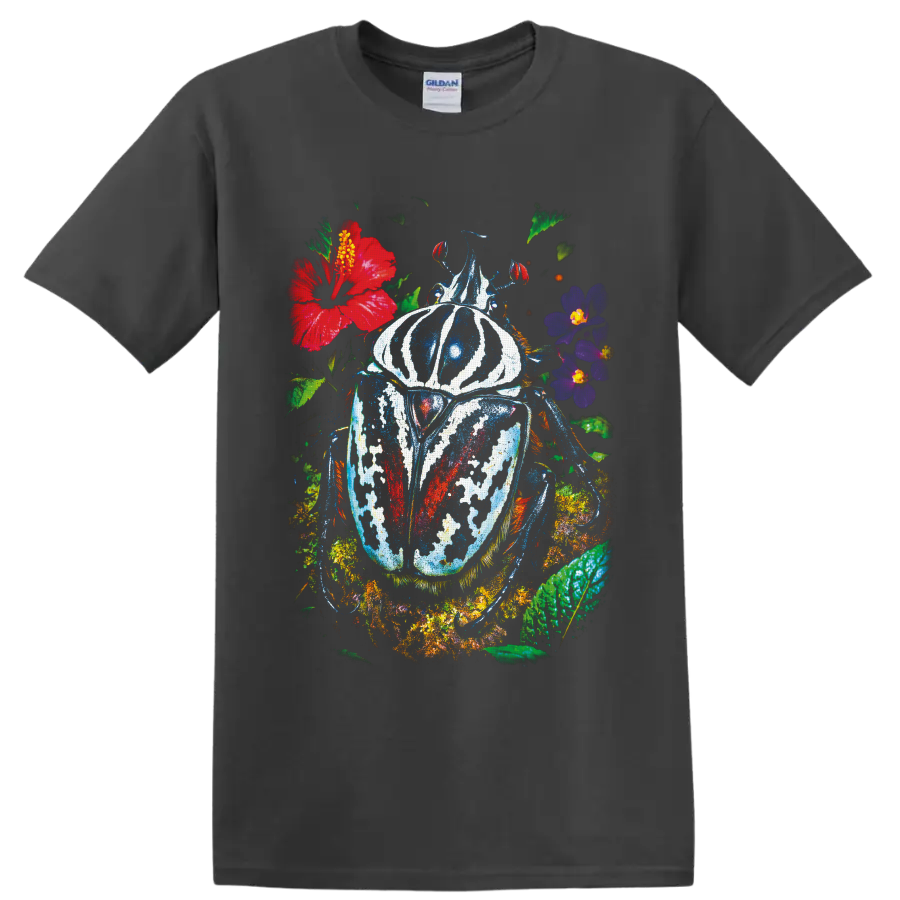 Colorful painted beetle surrounded by tropical flowers and lush botanical foliage on a Charcoal T Shirt