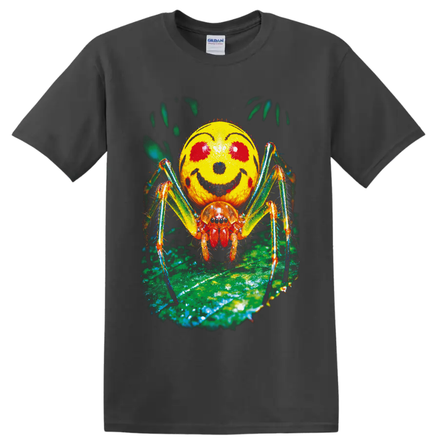 Colorful macro Smiley Face Spider with yellow marked abdomen on a green leaf on a Charcoal T Shirt