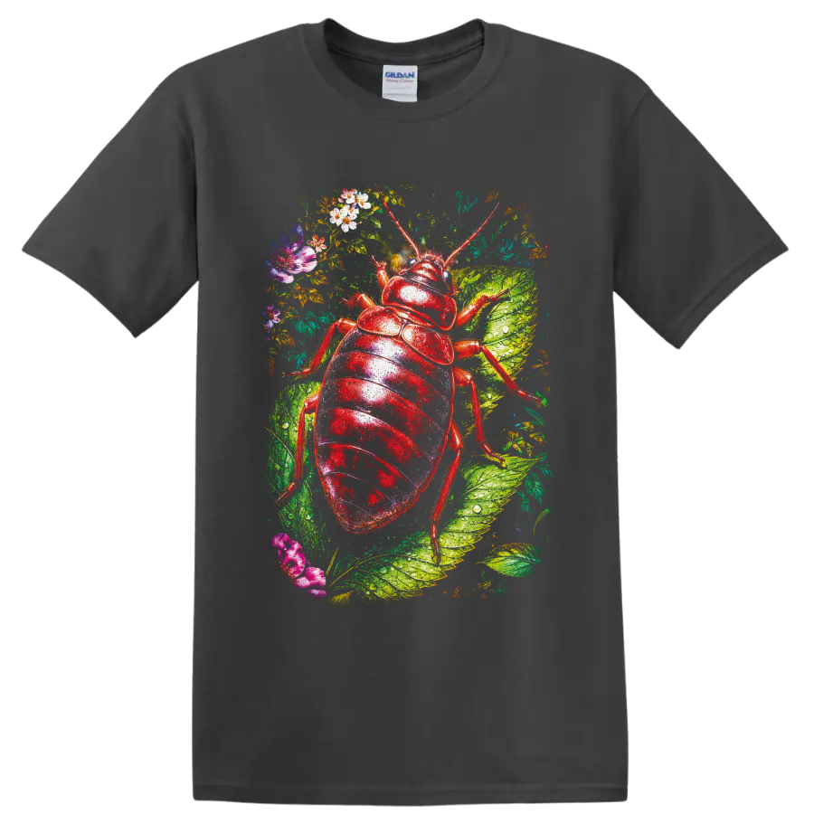 Glossy red beetle botanical illustration with dew-covered leaves and colorful flowers on a Charcoal T Shirt