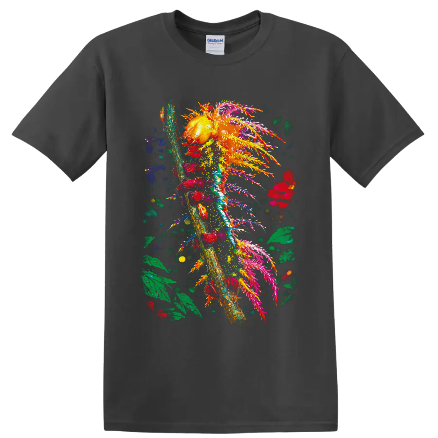 Colorful caterpillar on a branch with tropical leaves, flowers, and painterly splashes on a Charcoal T Shirt