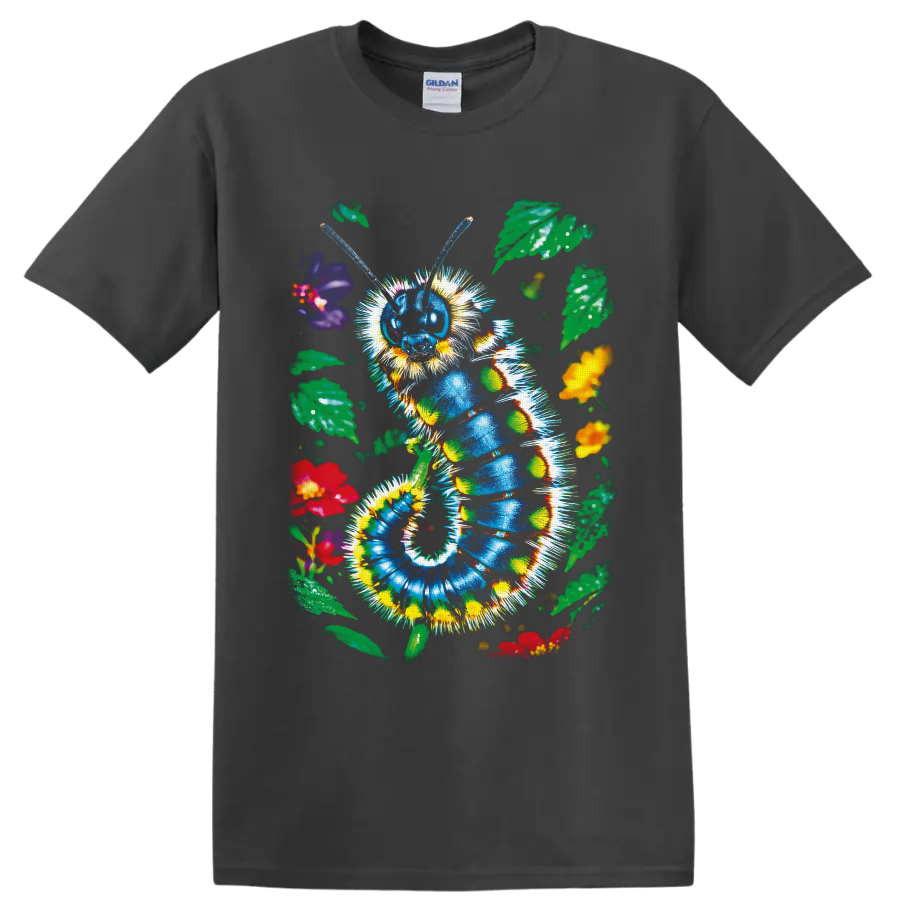 Colorful blue caterpillar with flowers and leaves in whimsical garden art on a Charcoal T Shirt