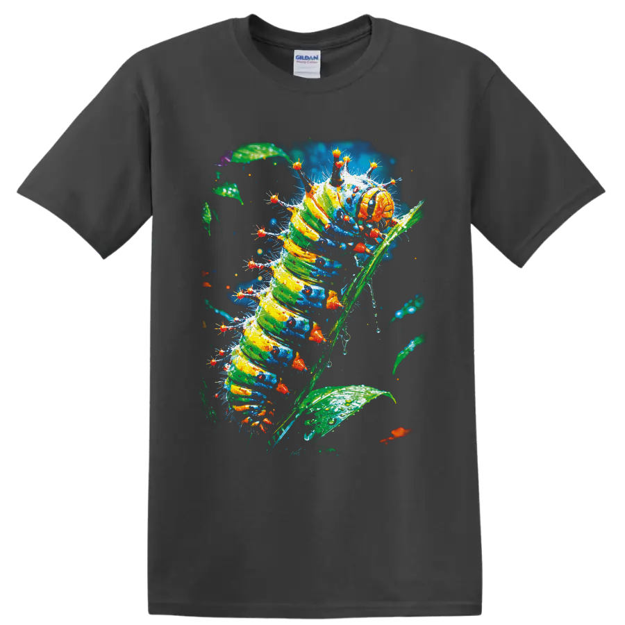 Colorful painterly caterpillar climbing a leafy stem with tiny orange insects on a Charcoal T Shirt
