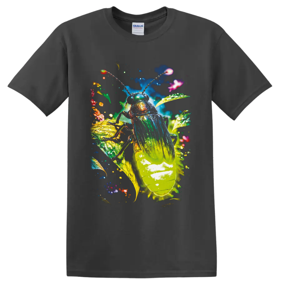 Colorful surreal cockroach with luminous wings, tropical leaves, and sparkling details on a Charcoal T Shirt