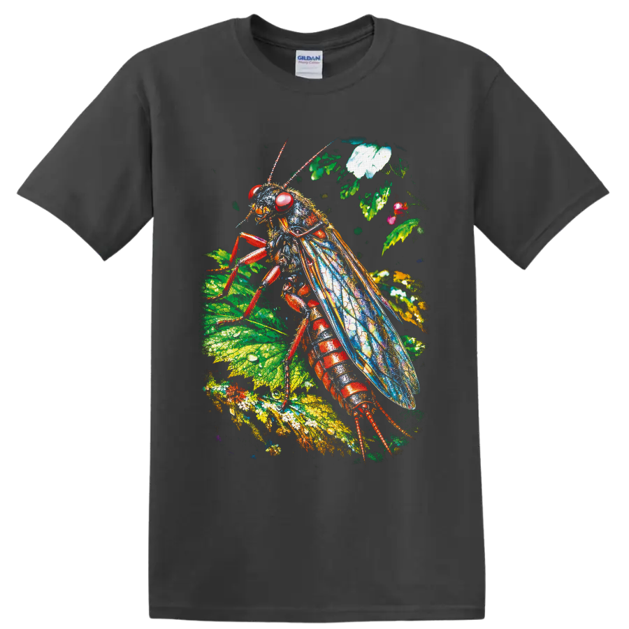 Colorful cockroach illustration with blue wings, red body, leaves, and flowers on a Charcoal T Shirt