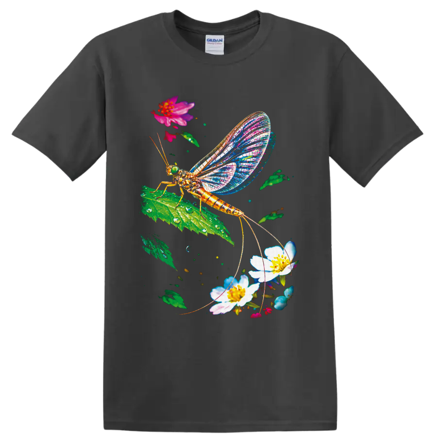 Colorful mayfly with mosaic wings on a leaf among flowers and water droplets on a Charcoal T Shirt