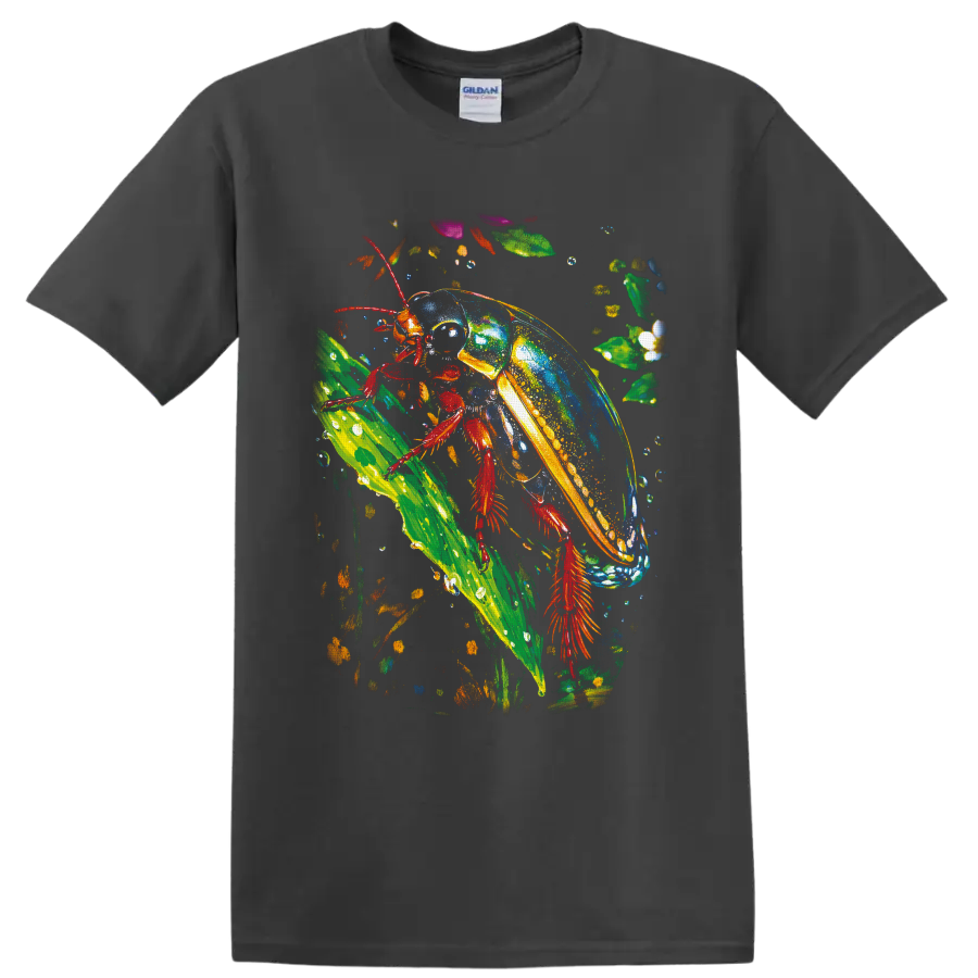 Colorful jewel-toned beetle climbing a tropical leaf in vivid painted nature art on a Charcoal T Shirt