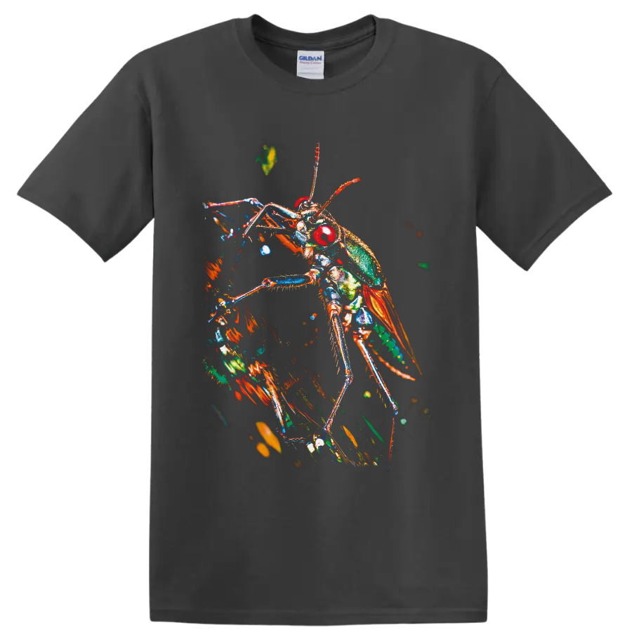 Colorful macro-style grasshopper with red eyes, green body, orange wings, and long legs on a Charcoal T Shirt
