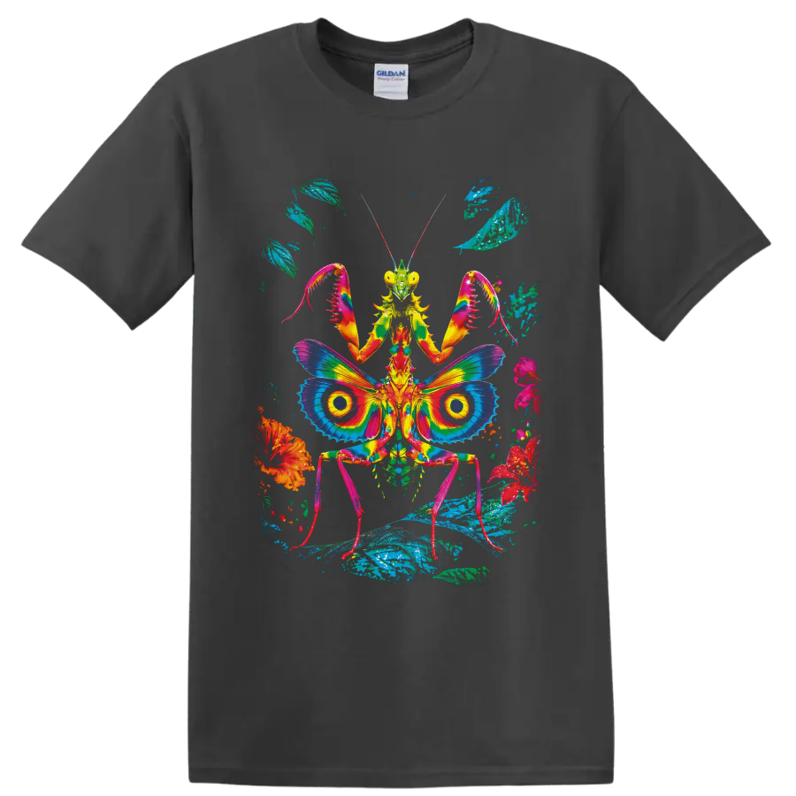 Psychedelic praying mantis with rainbow butterfly-like wings, flowers, and leaves on a Charcoal T Shirt