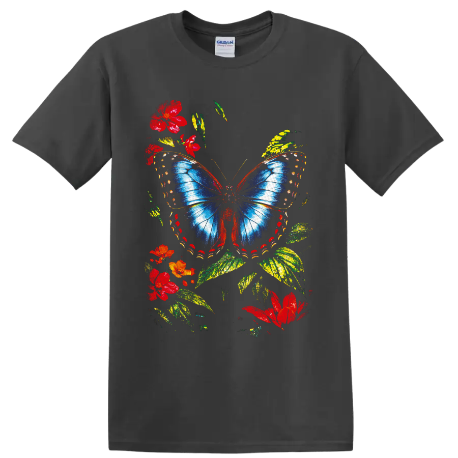 Blue butterfly with red flowers and green leaves in a colorful botanical graphic on a Charcoal T Shirt