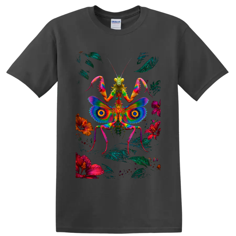 Psychedelic praying mantis with rainbow butterfly wings, flowers, and foliage on a Charcoal T Shirt