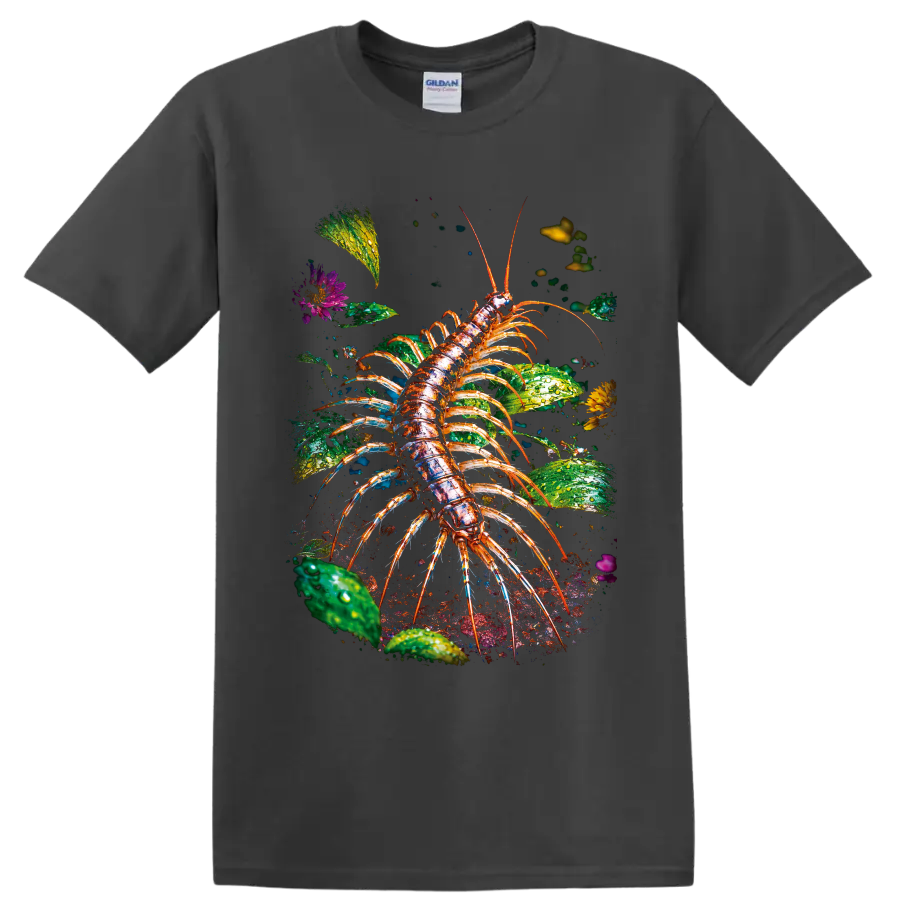 Detailed colorful centipede among dew-covered leaves, flowers, and garden soil on a Charcoal T Shirt