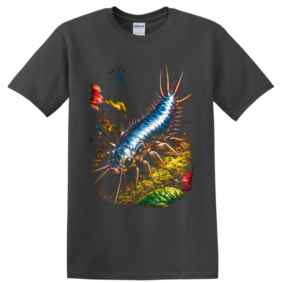 Blue spiny arthropod insect in vivid forest-floor graphic art on a Charcoal T Shirt