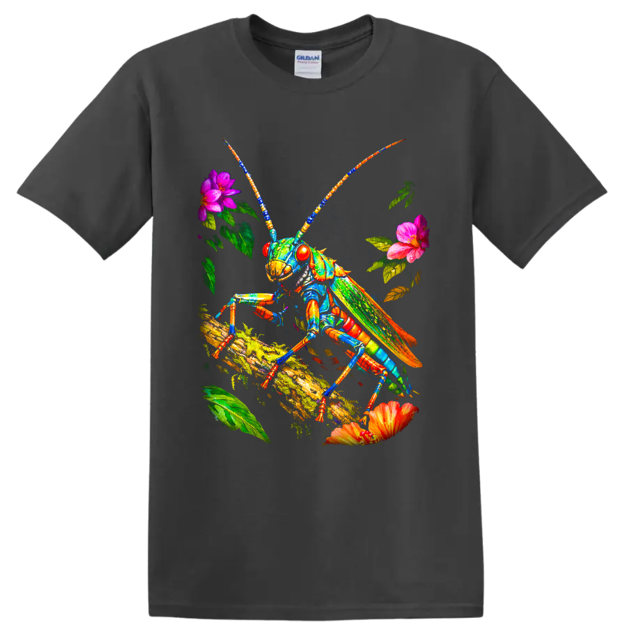 Colorful grasshopper on a mossy branch with flowers and leaves in vivid botanical art on a Charcoal T Shirt