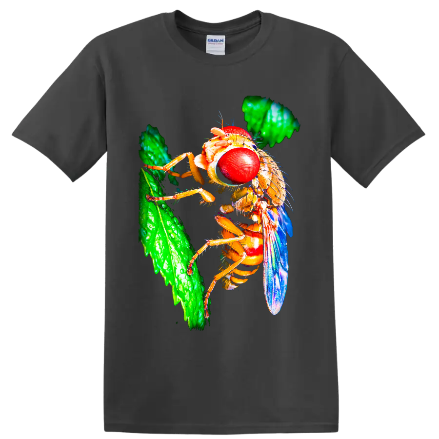Macro fly with vivid red compound eyes, blue wings, and green leaf nature art on a Charcoal T Shirt