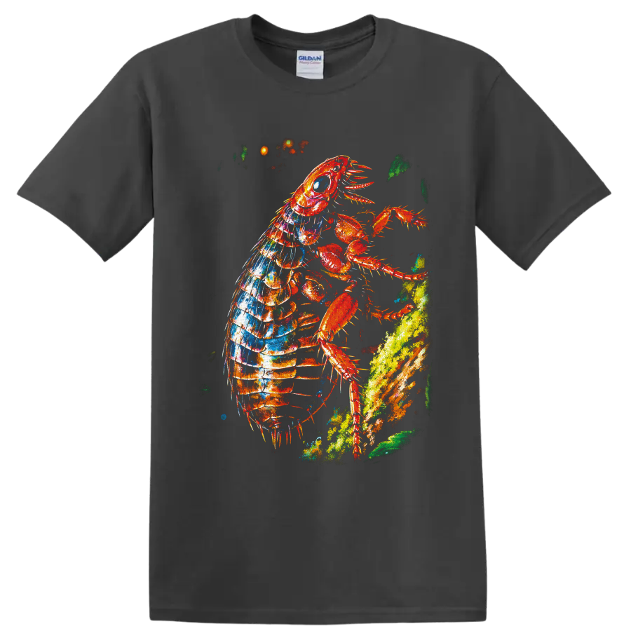 Colorful paint-splatter lobster climbing a bright ocean reef on a Charcoal T Shirt