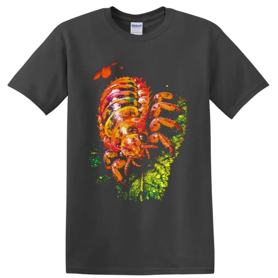 Colorful orange spiny insect on a dew-covered green leaf in vivid macro nature art on a Charcoal T Shirt