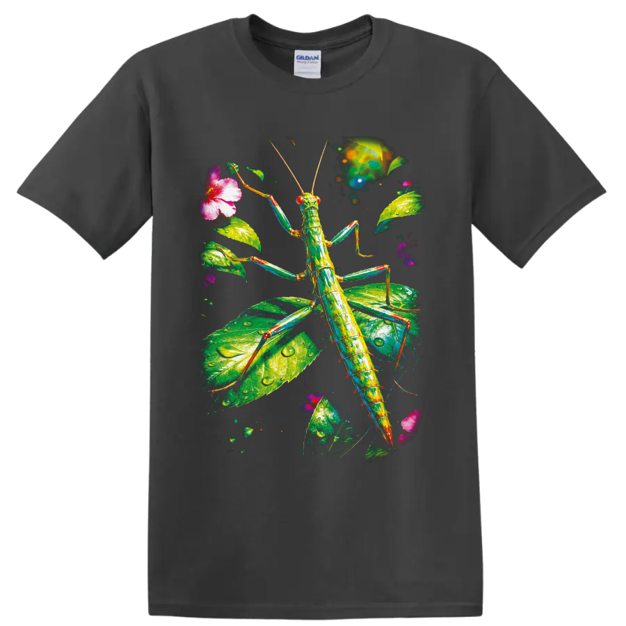 Colorful stick insect in luminous rainforest leaves with pink tropical flowers on a Charcoal T Shirt