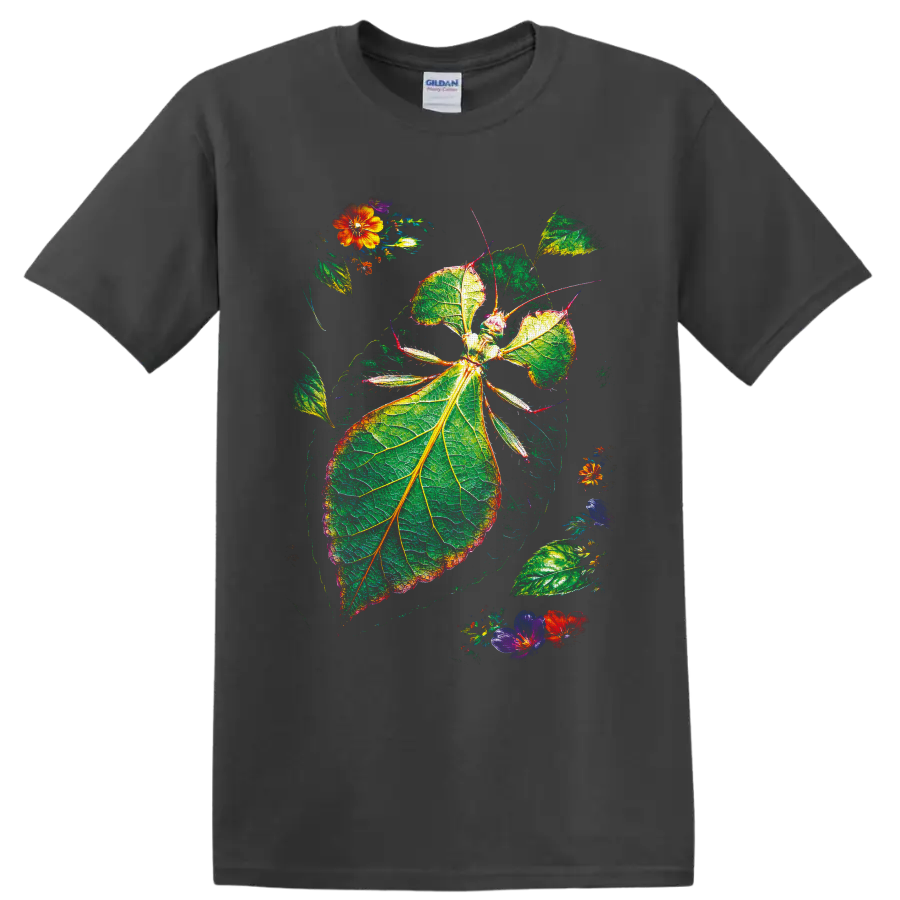 Leaf insect botanical illustration with veined green foliage and colorful flowers on a Charcoal T Shirt
