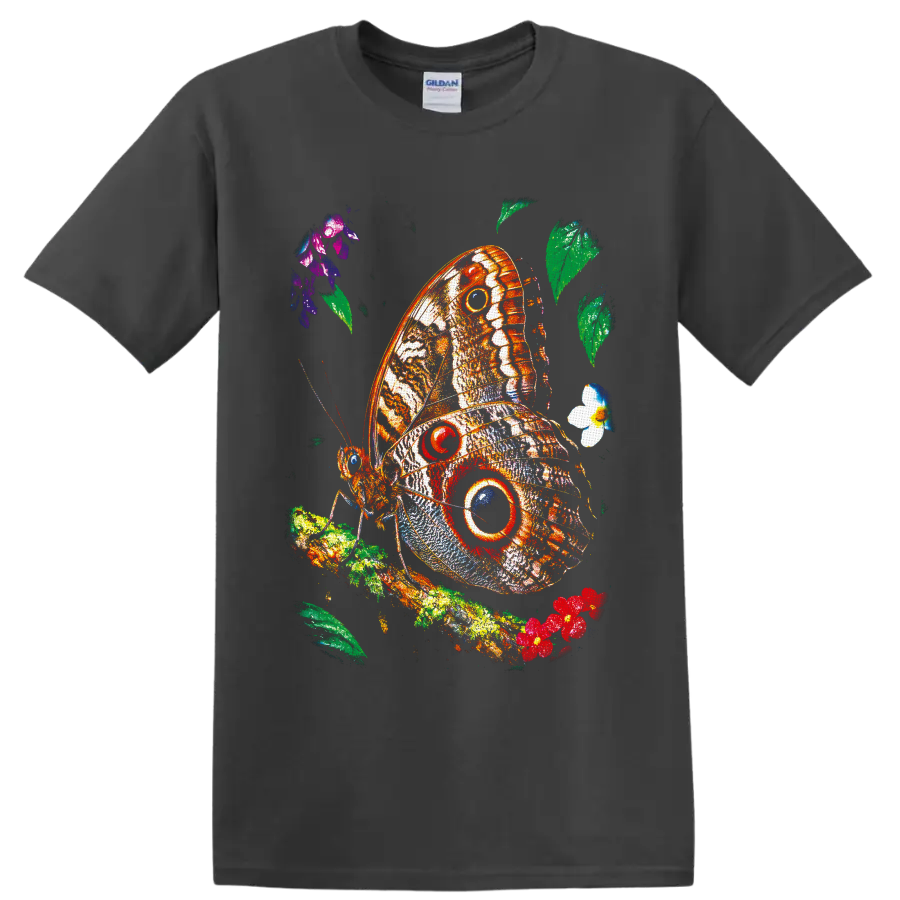 Colorful owl butterfly with bold eyespots on a leafy flowering branch on a Charcoal T Shirt