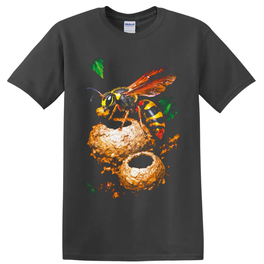 Colorful close-up wasp with orange wings on textured honeycomb-inspired nature art on a Charcoal T Shirt