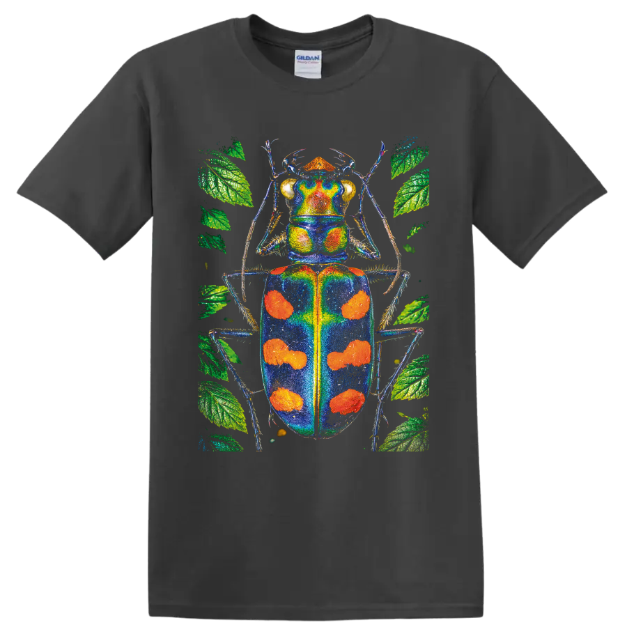 Vibrant blue and orange beetle illustration surrounded by green botanical leaves on a Charcoal T Shirt