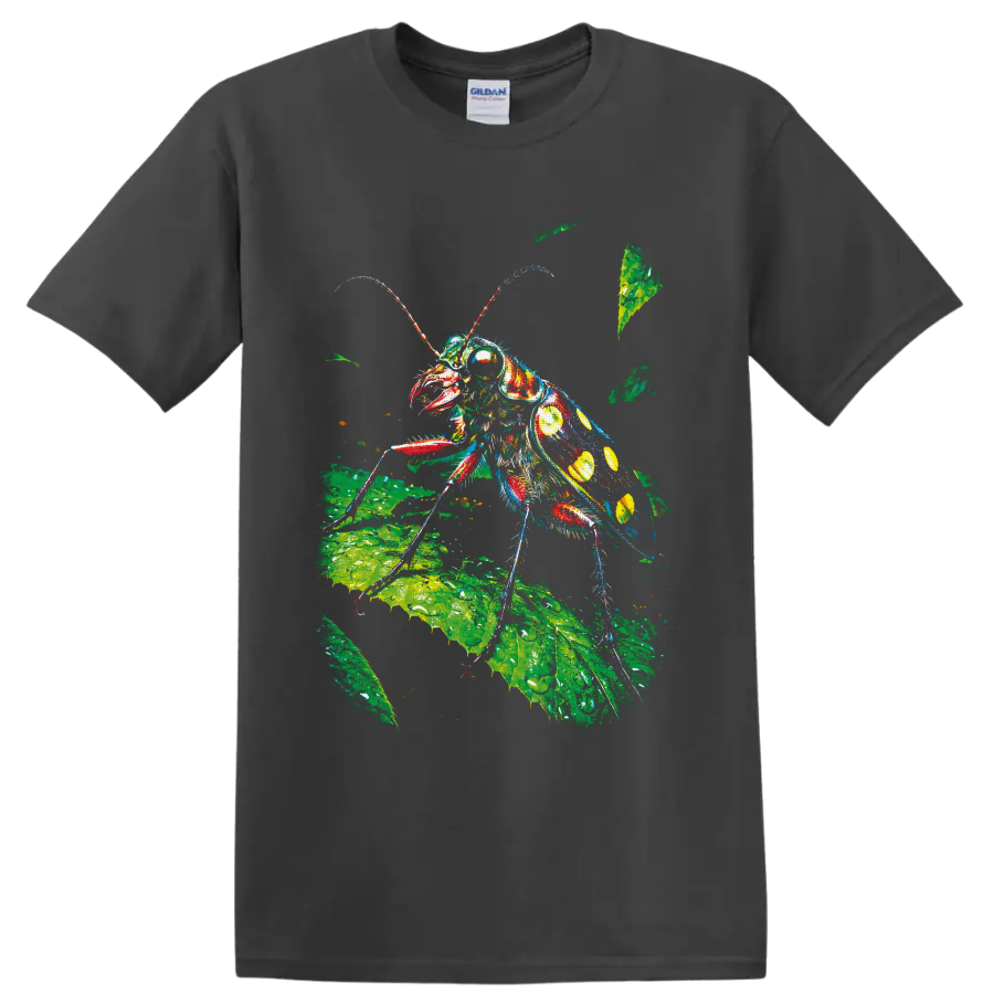 Colorful cockroach illustration on green botanical leaves in paint-splashed nature art on a Charcoal T Shirt