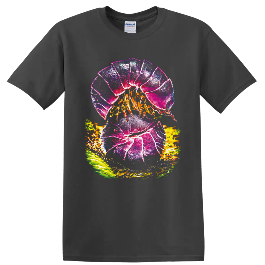 Colorful hermit crab with jewel-toned shell, golden legs, and tropical leaves on a Charcoal T Shirt