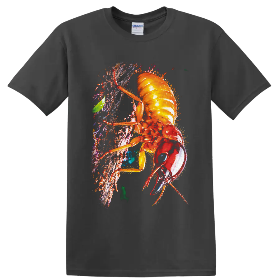 Colorful macro cockroach climbing textured bark in vivid nature art style on a Charcoal T Shirt