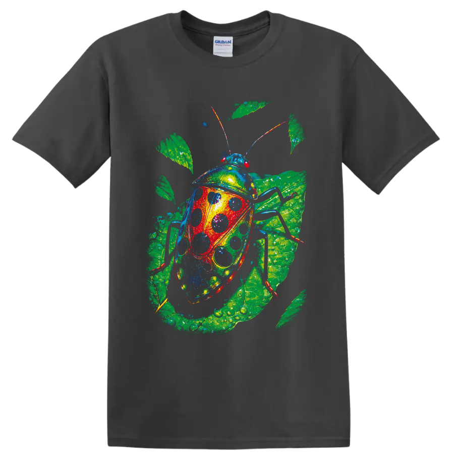 Colorful spotted beetle nature art with dew-covered tropical leaves on a Charcoal T Shirt