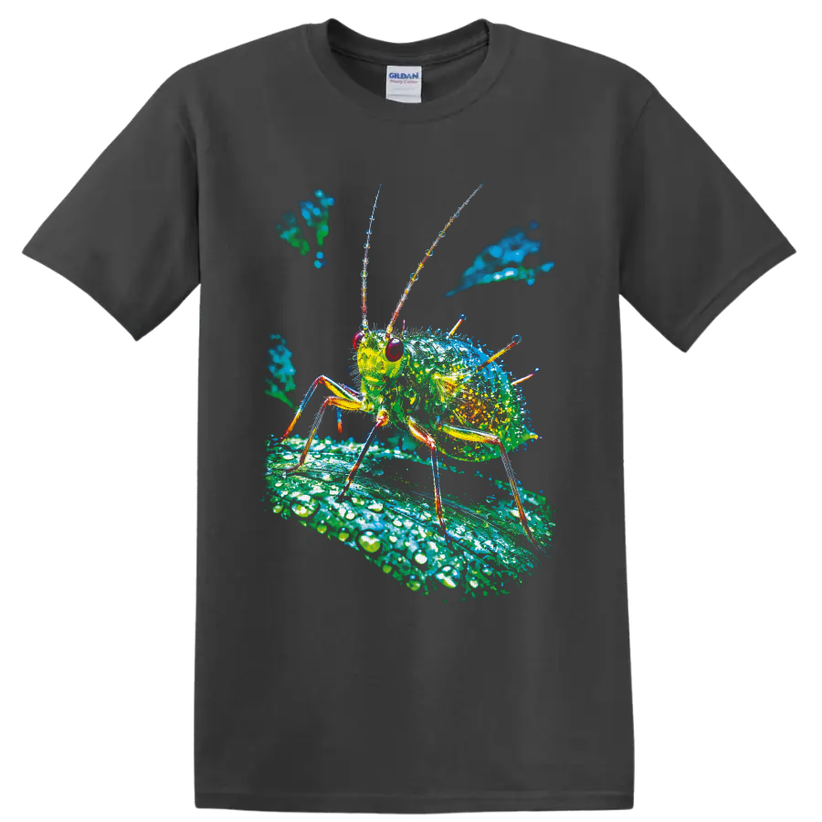 Colorful macro aphid illustration on a dew-covered leaf on a Charcoal T Shirt