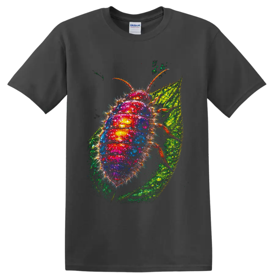 Colorful fuzzy caterpillar macro art with water droplets on a textured green leaf on a Charcoal T Shirt