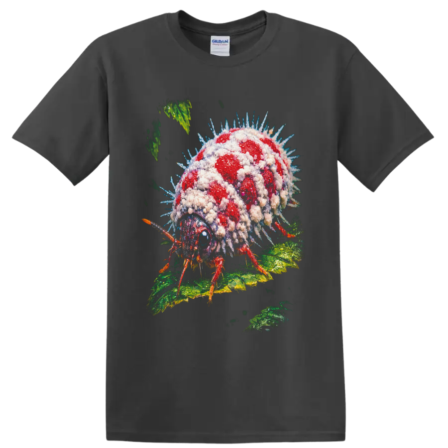 Surreal crystal-covered red ladybug with blue spines on textured green leaves on a Charcoal T Shirt