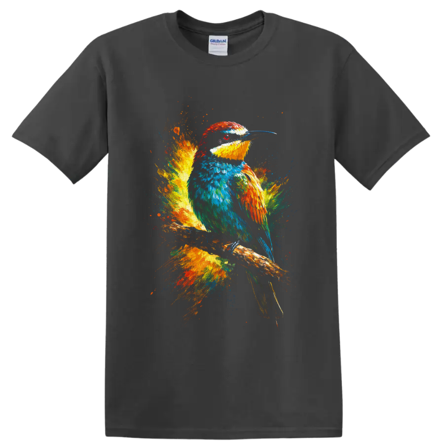 Colorful kingfisher perched on a branch in vibrant paint splash wildlife art on a Charcoal T Shirt