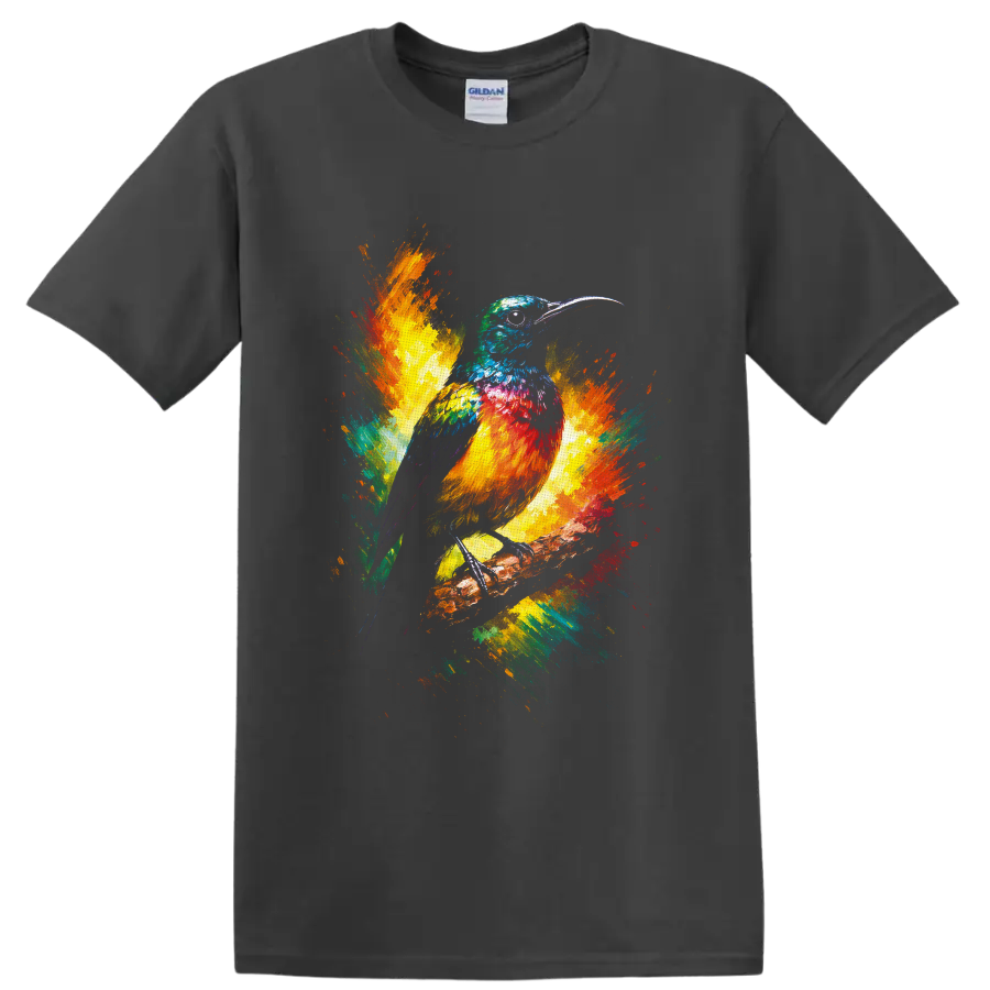 Colorful long-beaked bird on a branch with vibrant watercolor paint splashes on a Charcoal T Shirt